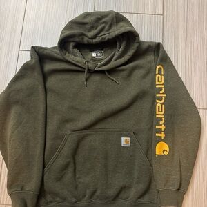 Carhartt Olive Green Crewneck Hoodie with Yellow Sleeve Logo